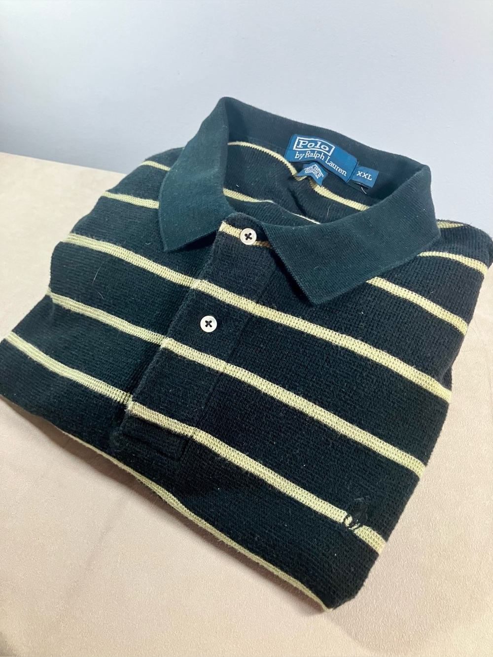 VTG Polo Ralph Lauren Knit Polo Shirt in Black/Khaki Stripe 2XL Classic Preppy